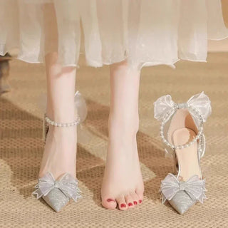 Women's Summer Shoes Wedding Party Versatile Woman High Heels Sandals Sweet Princess Beading Ankle-strap Ladies Dress Sandals