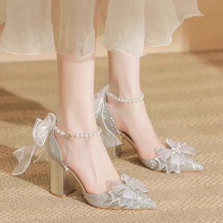 Women's Summer Shoes Wedding Party Versatile Woman High Heels Sandals Sweet Princess Beading Ankle-strap Ladies Dress Sandals