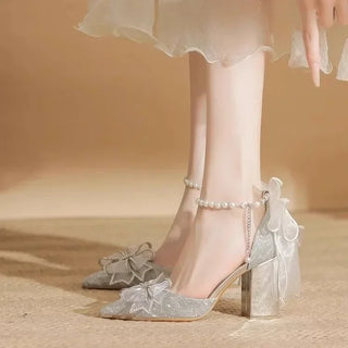 Women's Summer Shoes Wedding Party Versatile Woman High Heels Sandals Sweet Princess Beading Ankle-strap Ladies Dress Sandals