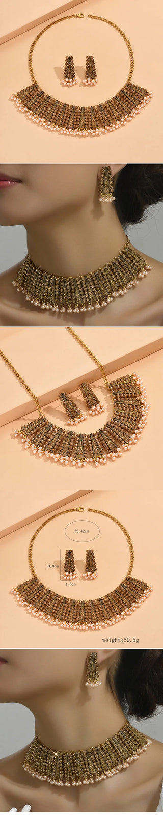 Statement Jewelry Sets Crystal Vintage Elegant Geometric Simulated Pearl Beads Necklace Earring Sets Fashion Women Accessories