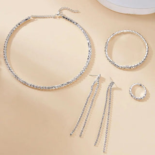 Exquisite Zircon Tennis Bracelet Choker Necklace for Women Full Rhinestone Dangle Earrings and Ring Wedding Party Jewelry Set
