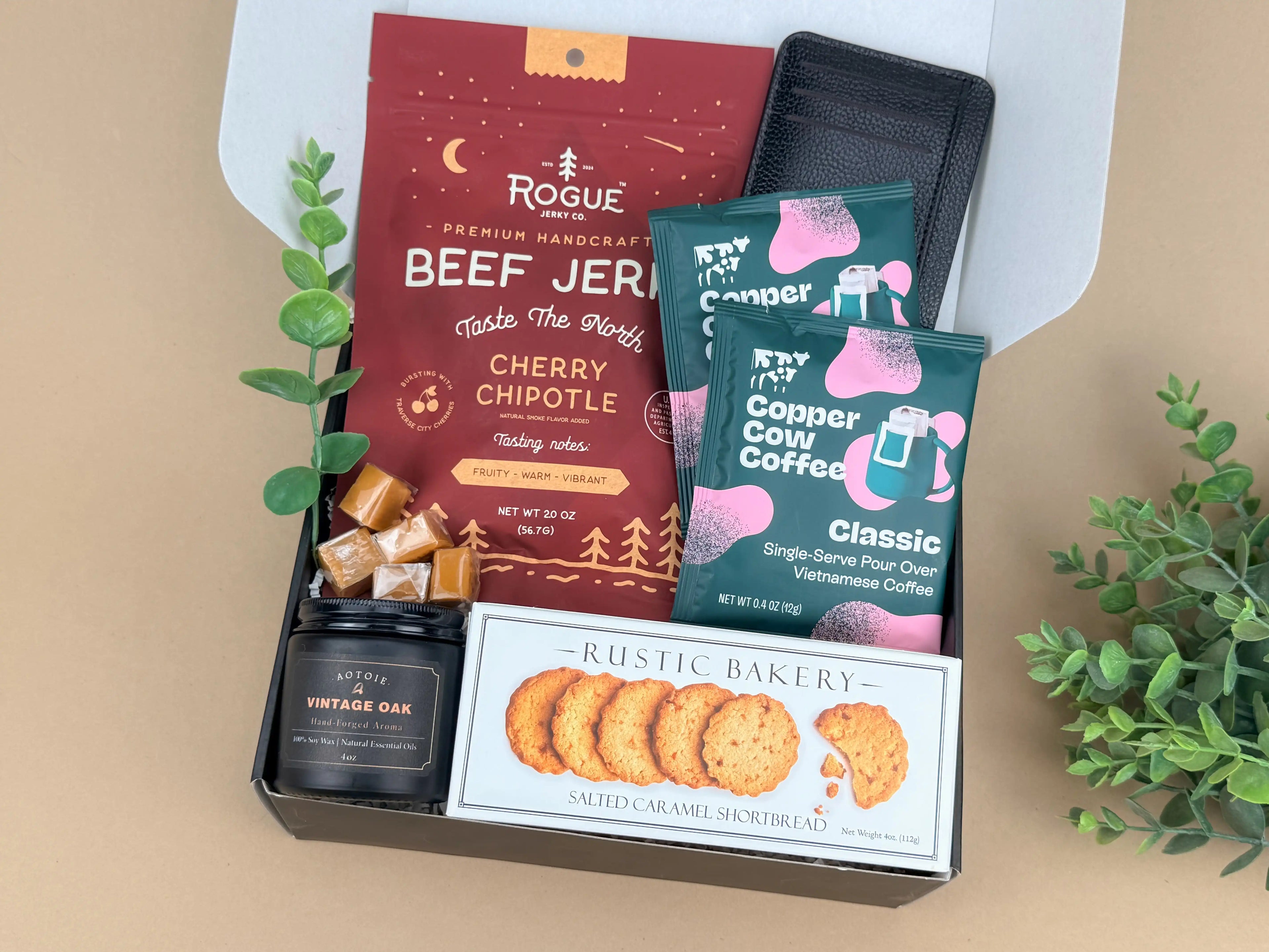 Self Care Gifts for Him – Premium Coffee, Jerky & Candle Box