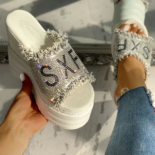 Crystals Wedges High Heels Slippers Leisure Summer Sandal Woman Shoes Women Platform Mules Slippers Slip on Outside Pantuflas