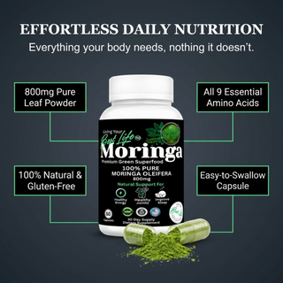 Moringa Capsules - Pure Moringa Powder, Energy, Skin, Immune & Gut Health Superfood, Rich in Antioxidants, Essential Vitamins & Amino Acids, Natural Green Superfood Supplement - 60 Count
