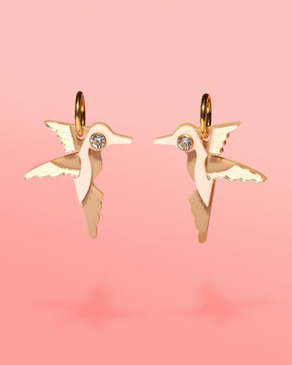 Hummingbird Hoop Earrings Beige + Gold