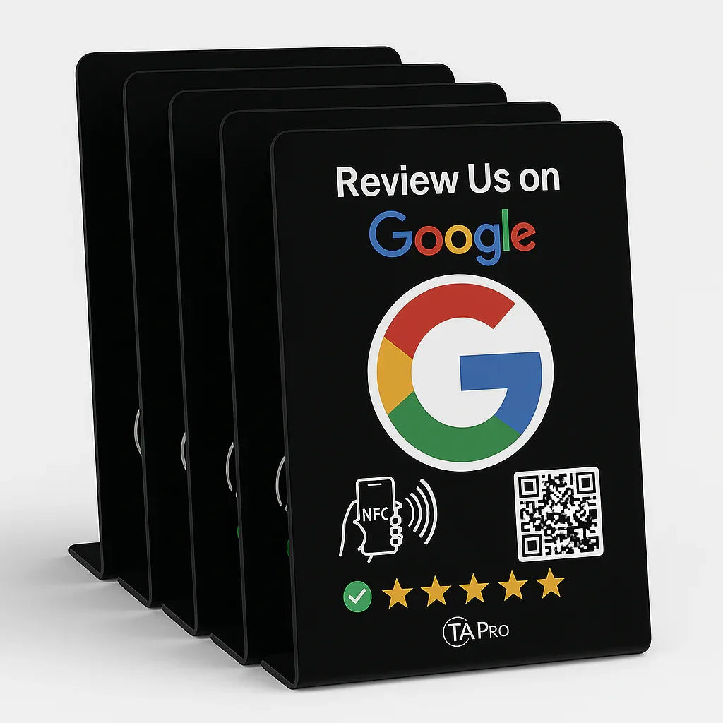 Matte Black Google Review Table Tents (5-Pack) - No Monthly Fees