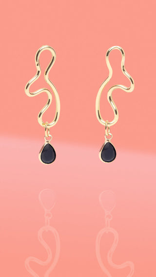 Abstract Wiggle Gold Plated Hoop Black Glass Charm