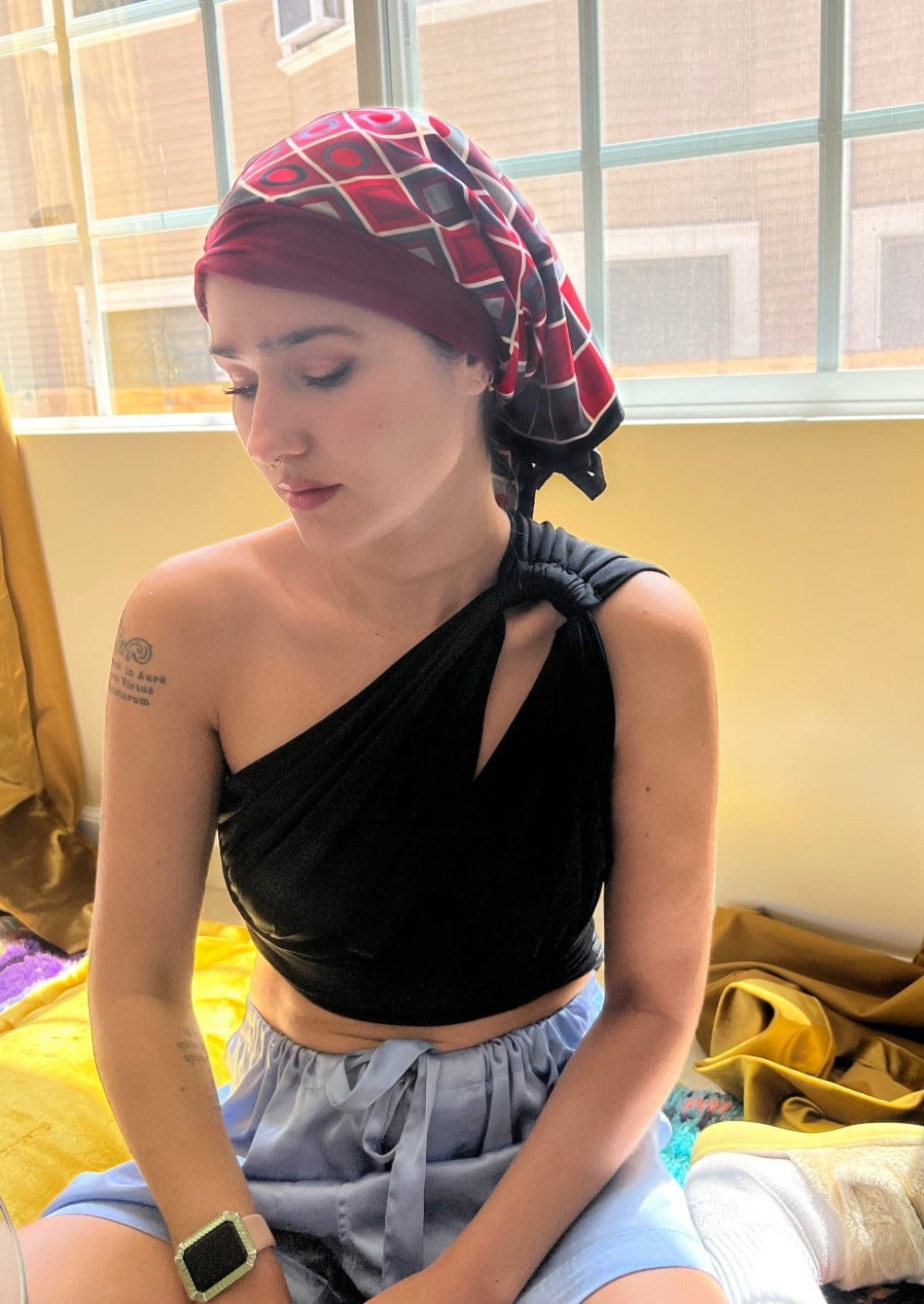 Retro Kerchief Headscarf - Ruby Geometric