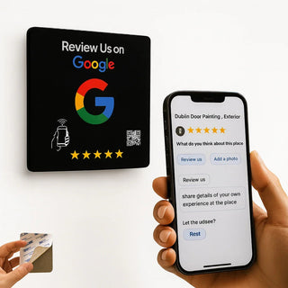 Google Review Plaque -Contactless NFC & QR, Peel and Stick 4x4"
