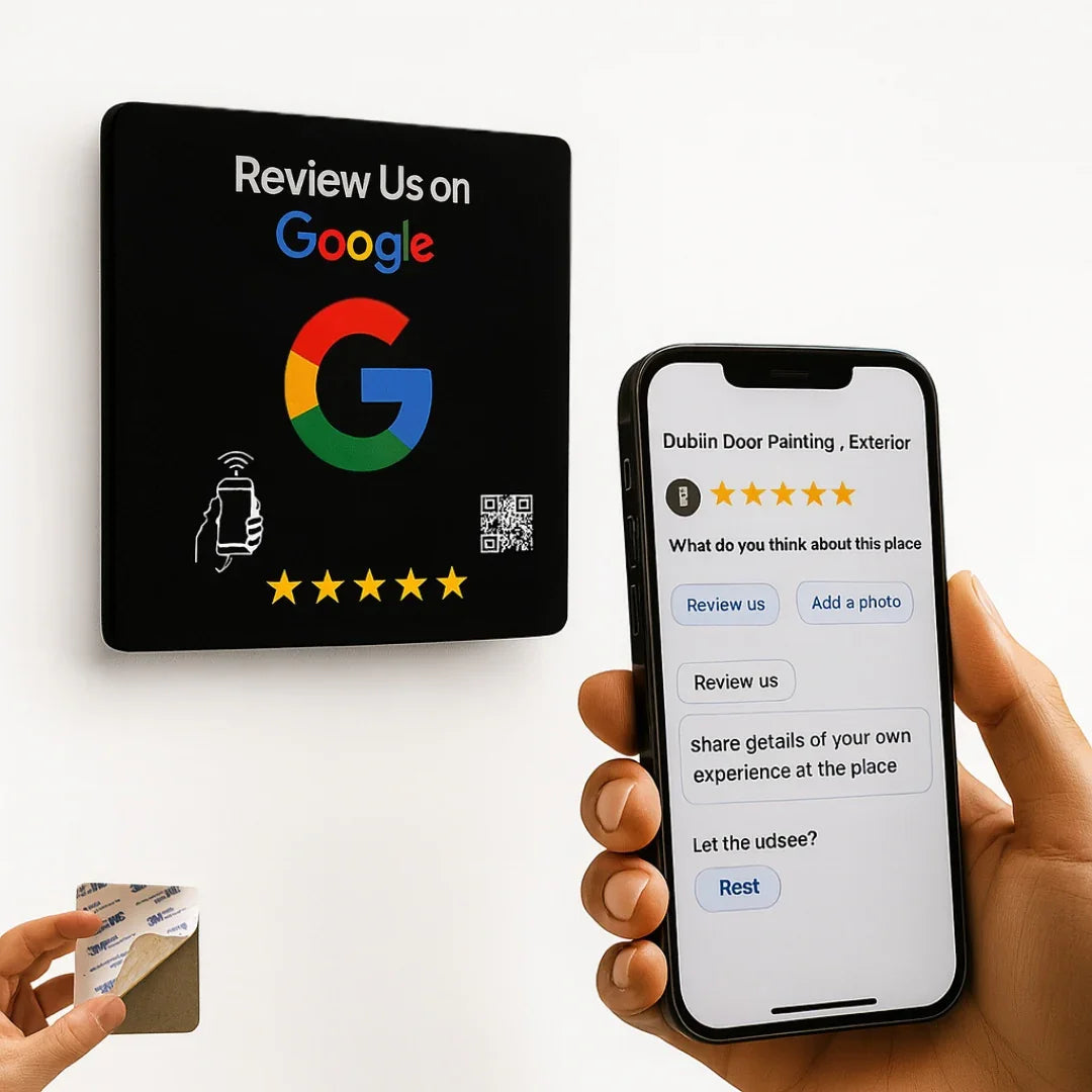 Google Review Plaque -Contactless NFC & QR, Peel and Stick 4x4"