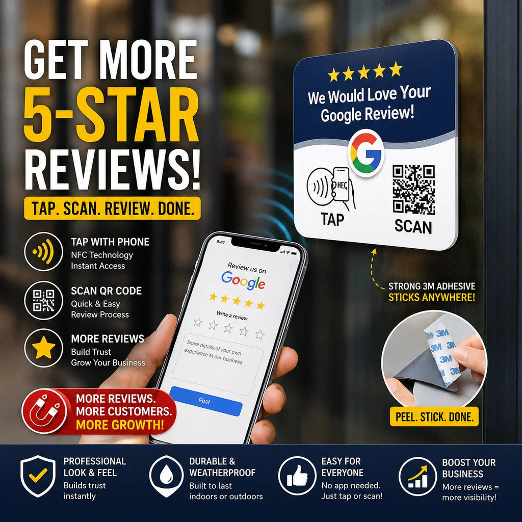 Google Review Sign Plate- NFC + QR Code, Blue 4x4 In