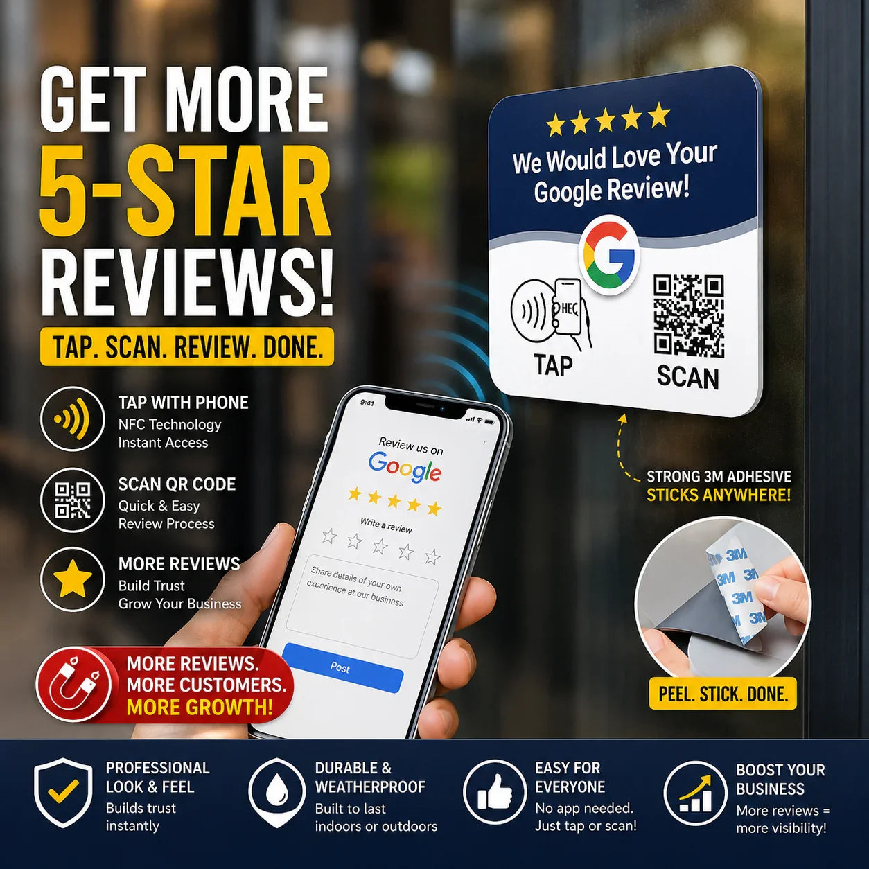 Google Review Sign Plate- NFC + QR Code, Blue 4x4 In