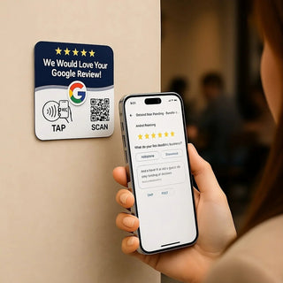 Google Review Sign Plate- NFC + QR Code, Blue 4x4 In