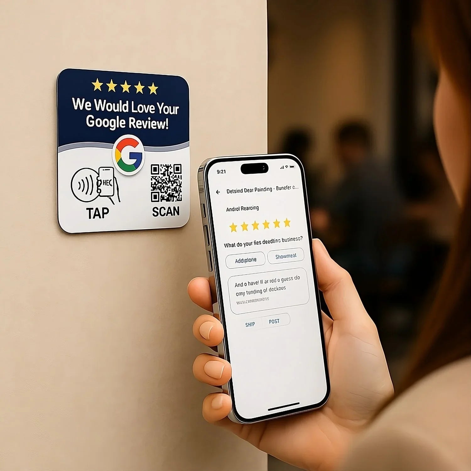 Google Review Sign Plate- NFC + QR Code, Blue 4x4 In