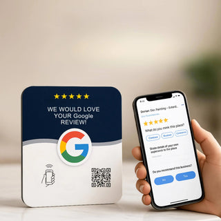 Google Review Sign Plate- NFC + QR Code, Blue 4x4 In