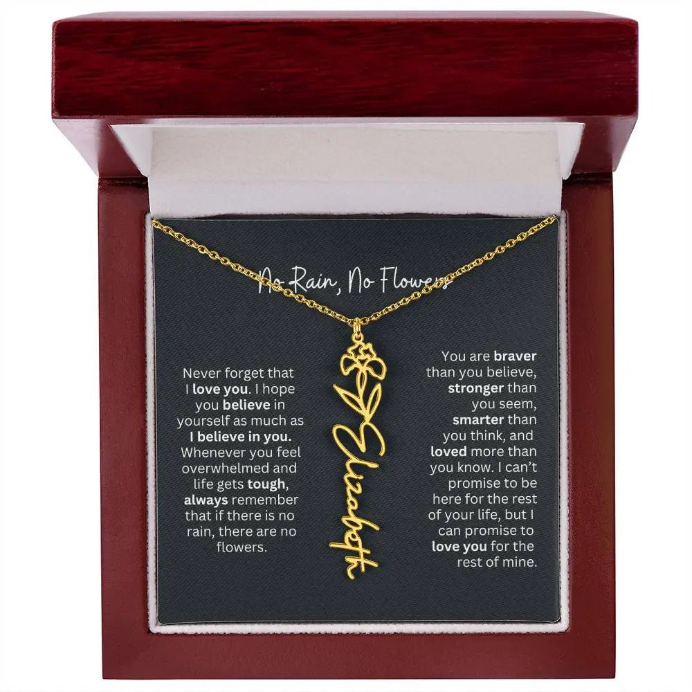 No Rain No Flowers Birth Necklace - Personalized Name Jewelry