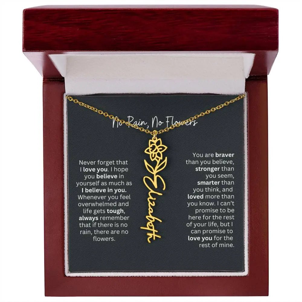 No Rain No Flowers Birth Necklace - Personalized Name Jewelry